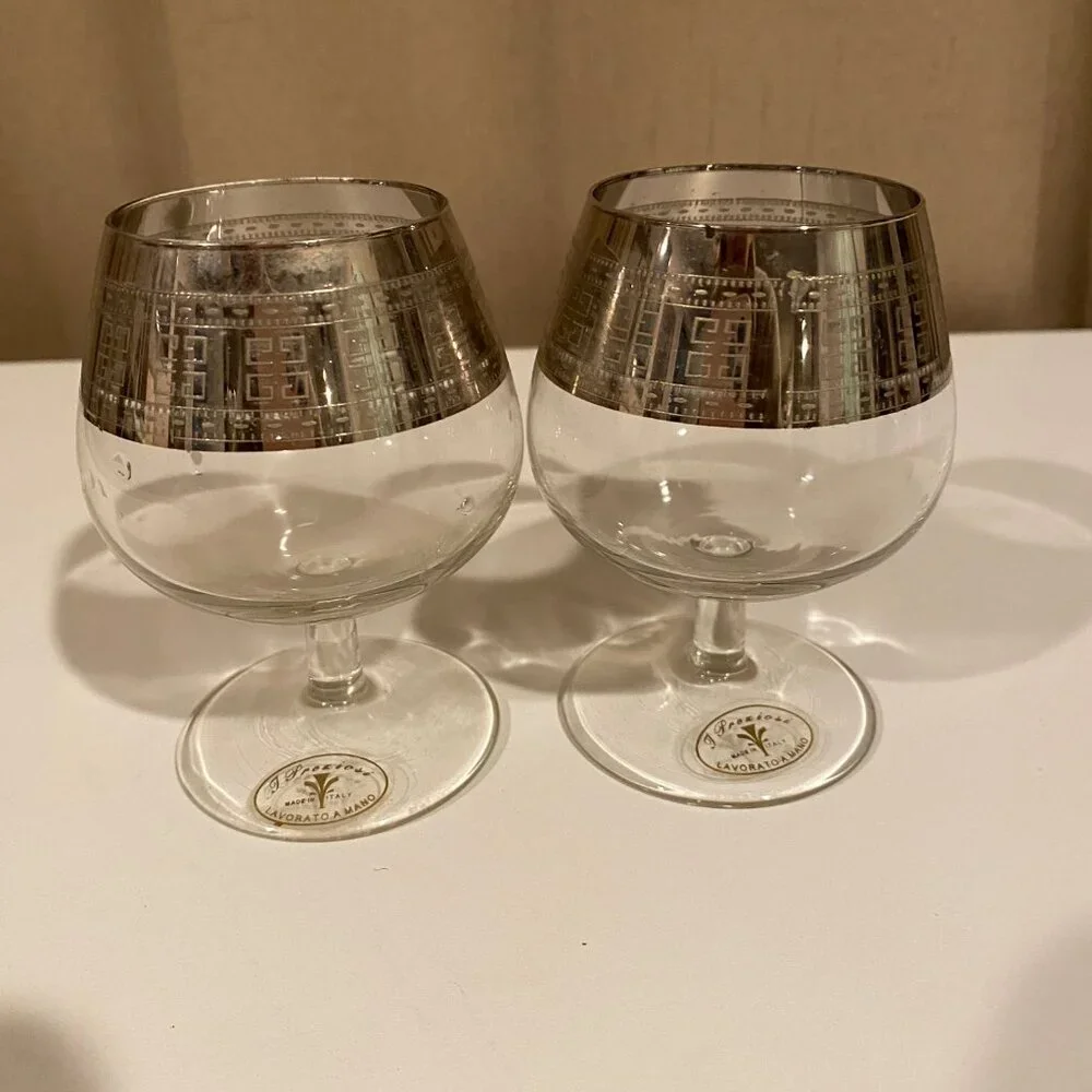 Vintage Preziosi Crystal‎ Glasses w/ Silver Rim Greek Key Murano Medici Italy